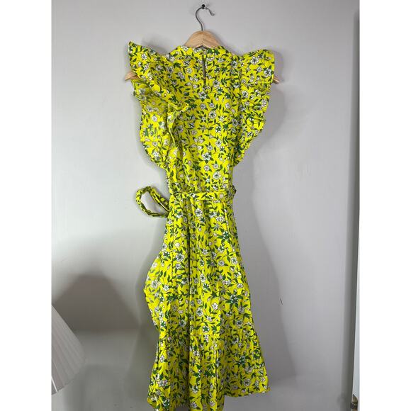 NEW vBanjanan Audrey Floral Cotton Poplin Flutter Sleeve Tie Mini Dress Yellow - Picture 6 of 7